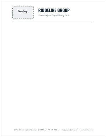Letterhead template, business letterhead, logo left, reading "RIDGELINE GROUP", "Consulting and Project Management" and "yourwebsite.com", in white, with a space for your logo