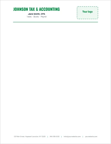 Letterhead template, accountant letterhead, green rule, reading "JOHNSON TAX & ACCOUNTING", "Jane Smith, CPA" and "Taxes · Books · Payroll", in white, with a space for your logo