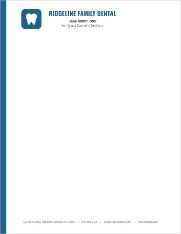 Letterhead template, dental office letterhead, teal, reading "RIDGELINE FAMILY DENTAL", "Jane Smith, DDS" and "Family and Cosmetic Dentistry", in white