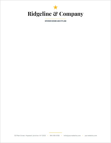 Letterhead template, elegant serif letterhead, gold, reading "Ridgeline & Company", "INTERIOR DESIGN AND STYLING" and "yourwebsite.com", in white