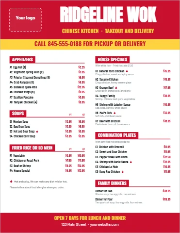 Menu template, chinese takeout menu, reading "RIDGELINE WOK", "CHINESE KITCHEN · TAKEOUT AND…" and "CALL 845-555-0188 FOR PICKUP OR…", in red and white, with a space for your logo