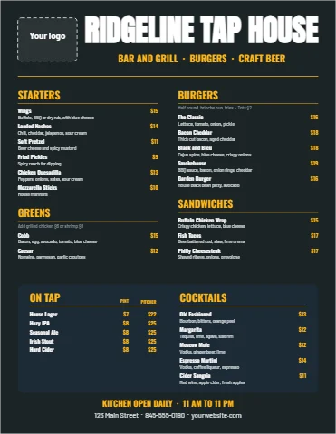 Menu template, bar and grill menu, reading "RIDGELINE TAP HOUSE", "BURGERS" and "SANDWICHES", in navy and charcoal, with a space for your logo