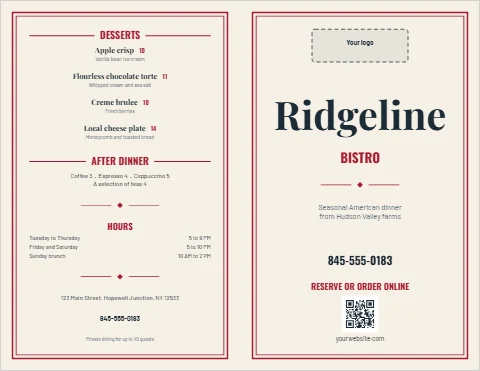 Menu template, bistro dinner menu, bi-fold, reading "Ridgeline", "BISTRO" and "845-555-0183", in cream, with a space for your logo and a QR code