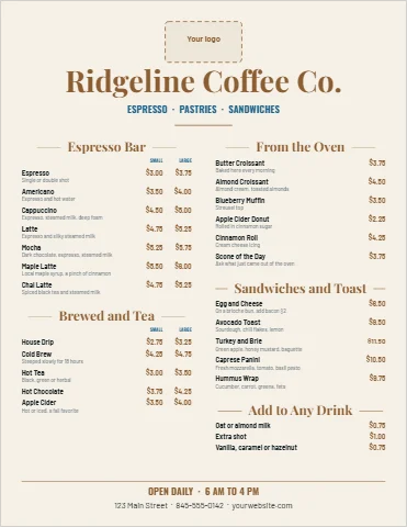 Menu template, coffee shop menu, reading "Ridgeline Coffee Co.", "From the Oven" and "Brewed and Tea", in cream, with a space for your logo