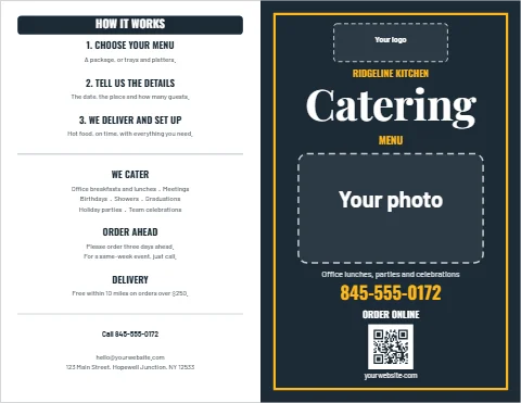 Menu template, catering menu, bi-fold, reading "HOW IT WORKS", "Catering" and "845-555-0172", in navy and white, with a space for your logo and a QR code