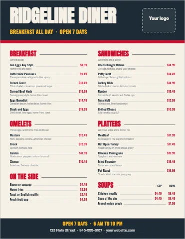 Menu template, diner menu, reading "RIDGELINE DINER", "SANDWICHES" and "OMELETS", in navy and cream, with a space for your logo