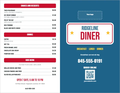 Menu template, diner menu, bi-fold, reading "RIDGELINE", "DINER" and "845-555-0191", in steel blue and white, with a space for your logo and a QR code