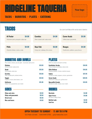 Menu template, mexican restaurant menu, reading "RIDGELINE TAQUERIA", "TACOS" and "BURRITOS AND BOWLS", in orange and white, with a space for your logo