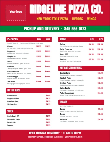 Menu template, pizzeria menu, reading "RIDGELINE PIZZA CO.", "NEW YORK STYLE PIZZA · HEROES ·…" and "PICKUP AND DELIVERY · 845-555-0123", in red and white, with a space for your logo