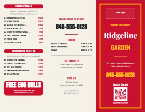 Menu template, chinese take-out menu, tri-fold, reading "845-555-0128", "Ridgeline" and "GARDEN", in red and cream, with a space for your logo and a QR code