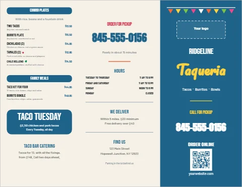Menu template, taco and burrito take-out menu, tri-fold, reading "845-555-0156", "Taqueria" and "845-555-0156", in steel blue and cream, with a space for your logo and a QR code