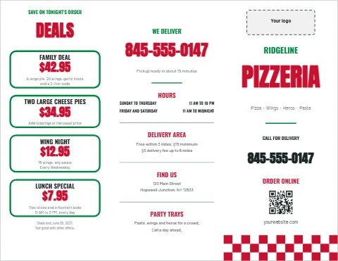 Menu template, pizza delivery menu, tri-fold, reading "DEALS", "845-555-0147" and "PIZZERIA", in white, with a space for your logo and a QR code