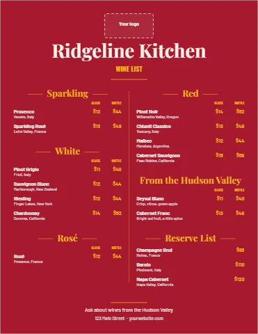 Menu template, wine list and dessert menu, reading "Ridgeline Kitchen", "Red" and "Rosé", in maroon, with a space for your logo