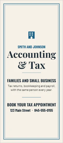 Palm or rack card template, accounting and tax office, reading "SMITH AND JOHNSON", "Accounting" and "& Tax", in cream