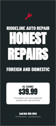 Palm or rack card template, auto repair, oil change offer, reading "HONEST", "REPAIRS" and "$39.99", in white and charcoal