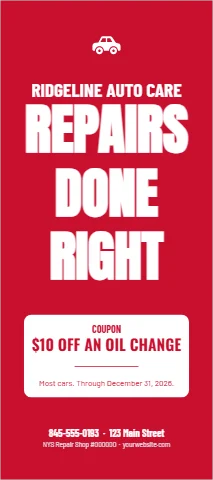 Palm or rack card template, auto repair, red and white, reading "REPAIRS", "DONE" and "RIGHT", in white and red