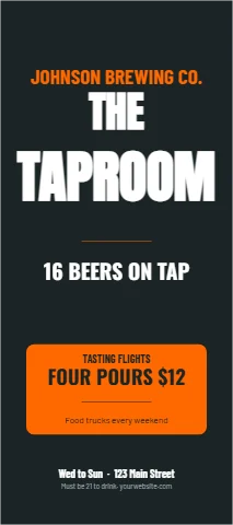 Palm or rack card template, brewery taproom, reading "THE", "TAPROOM" and "16 BEERS ON TAP", in orange and charcoal