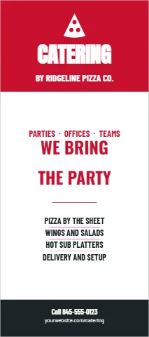 Palm or rack card template, catering for parties, reading "CATERING", "WE BRING" and "THE PARTY", in red and white