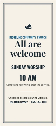 Palm or rack card template, church welcome card, reading "All are", "welcome" and "10 AM", in cream