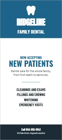 Palm or rack card template, family dental office, reading "RIDGELINE", "FAMILY DENTAL" and "NEW PATIENTS", in steel blue and white
