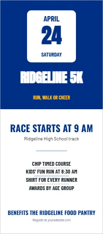 Palm or rack card template, a 5K for a cause, reading "24", "RIDGELINE 5K" and "RACE STARTS AT 9 AM", in blue and white