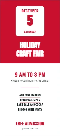 Palm or rack card template, holiday craft fair, reading "5", "HOLIDAY" and "CRAFT FAIR", in red and white
