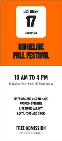 Palm or rack card template, fall festival, date badge, reading "17", "RIDGELINE" and "FALL FESTIVAL", in orange and white