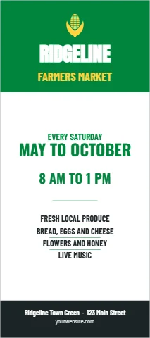 Palm or rack card template, farmers market, green band, reading "RIDGELINE", "MAY TO OCTOBER" and "8 AM TO 1 PM", in green and white