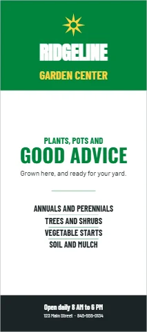 Palm or rack card template, garden center, reading "RIDGELINE", "GARDEN CENTER" and "GOOD ADVICE", in green and white