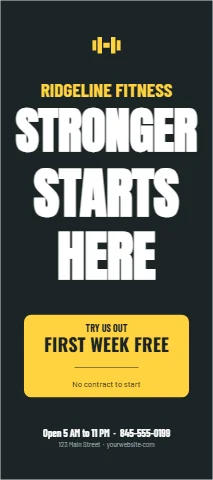 Palm or rack card template, fitness center, reading "STRONGER", "STARTS" and "HERE", in yellow and charcoal