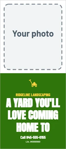 Palm or rack card template, landscaping, photo and green, reading "A YARD YOU'LL", "LOVE COMING" and "HOME TO", in green and white, with a space for your logo