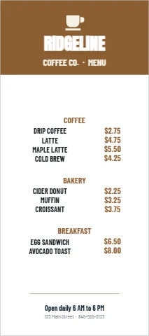 Palm or rack card template, cafe menu card, reading "RIDGELINE", "COFFEE CO. · MENU" and "COFFEE", in brown and white