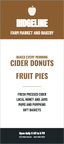 Palm or rack card template, farm market and bakery, reading "RIDGELINE", "CIDER DONUTS" and "FRUIT PIES", in brown and white