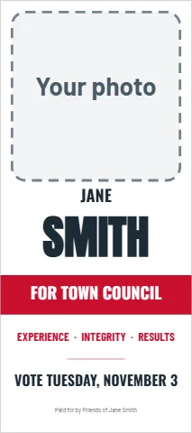 Palm or rack card template, town council, photo and red band, reading "JANE", "SMITH" and "FOR TOWN COUNCIL", in white, with a space for your logo