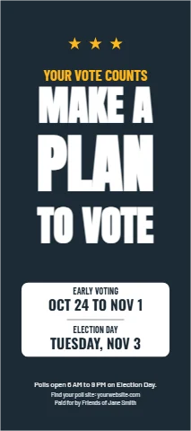 Palm or rack card template, make a plan to vote, reading "MAKE A", "PLAN" and "TO VOTE", in white and navy