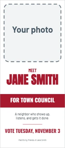 Palm or rack card template, meet the candidate, reading "MEET", "JANE SMITH" and "FOR TOWN COUNCIL", in white, with a space for your logo