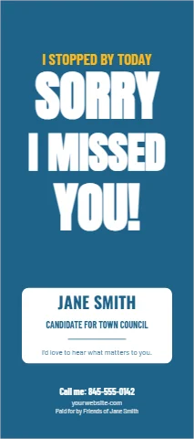 Palm or rack card template, sorry I missed you, reading "SORRY", "I MISSED" and "YOU!", in white and steel blue