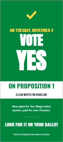 Palm or rack card template, vote yes on a proposition, reading "VOTE", "YES" and "ON PROPOSITION 1", in white and green
