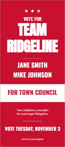 Palm or rack card template, a slate: two candidates, reading "TEAM", "RIDGELINE" and "JANE SMITH", in white and red