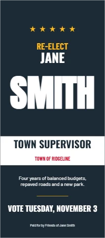 Palm or rack card template, re-elect, stars on navy, reading "JANE", "SMITH" and "TOWN SUPERVISOR", in white and navy