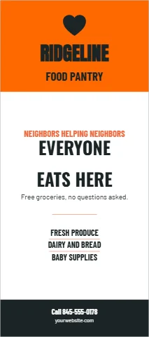 Palm or rack card template, food pantry, ways to help, reading "RIDGELINE", "EVERYONE" and "EATS HERE", in orange and white