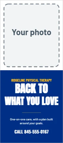 Palm or rack card template, physical therapy, reading "BACK TO", "WHAT YOU LOVE" and "CALL 845-555-0167", in blue and white, with a space for your logo