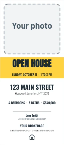 Palm or rack card template, open house, yellow band, reading "OPEN HOUSE", "SUNDAY, OCTOBER 11 · 1 TO 3 PM" and "123 MAIN STREET", in yellow and white, with a space for your logo