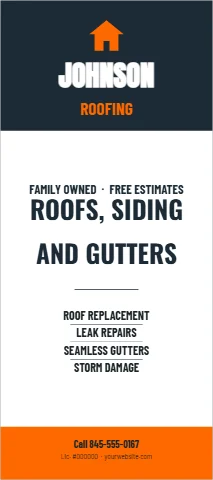Palm or rack card template, roofing contractor, reading "JOHNSON", "ROOFS, SIDING" and "AND GUTTERS", in navy and white