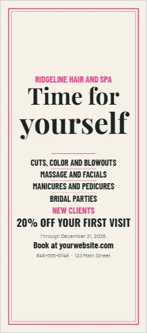 Palm or rack card template, salon and day spa, serif, reading "RIDGELINE HAIR AND SPA", "Time for" and "yourself", in cream