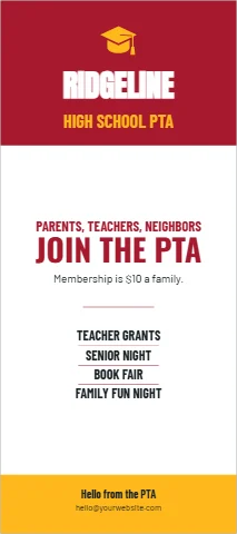 Palm or rack card template, join the PTA, maroon and gold, reading "RIDGELINE", "HIGH SCHOOL PTA" and "JOIN THE PTA", in maroon and white