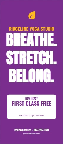 Palm or rack card template, yoga studio, reading "BREATHE.", "STRETCH." and "BELONG.", in white and purple