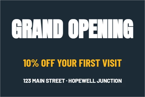 Postcard template, grand opening, reading "GRAND OPENING", "10% OFF YOUR FIRST VISIT" and "123 MAIN STREET · HOPEWELL…", in navy