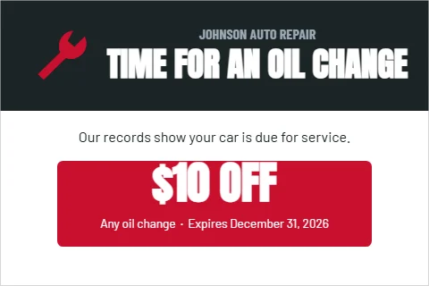Postcard template, oil change reminder, reading "JOHNSON AUTO REPAIR", "TIME FOR AN OIL CHANGE" and "$10 OFF", in charcoal and white