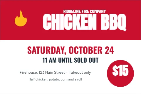Postcard template, chicken BBQ fundraiser, reading "CHICKEN BBQ", "SATURDAY, OCTOBER 24" and "$15", in red and white